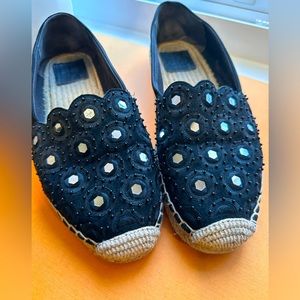 Tory Burch Black Suede Leather Yasmin Embellished Slip On Espadrille Flats 8.5